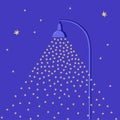 Falling snow lit by a street lamp. Cartoon flat style Christmas background. Night sky with stars. Vector blue template. Royalty Free Stock Photo