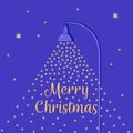 Falling snow lit by a street lamp. Cartoon flat style Christmas card. Night sky with stars. Vector blue background.