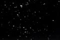 Falling  snow at night. Bokeh lights on black background, flying snowflakes in the air. Overlay texture. Snowstorm Royalty Free Stock Photo