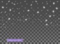 Falling snow, random elements. New year, Christmas decor overlay. Vector illustration on isolated transparent background. Royalty Free Stock Photo