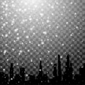 Falling snow and winter city silhouette background. Beautiful snowfall with realistic snowflakes on transparent Royalty Free Stock Photo