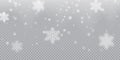 Falling snowflake pattern background of white cold snowfall overlay texture isolated on transparent background. Winter Xmas snow f