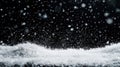 Falling snowflakes on black background with layer of snow at bottom. Winter scene with beautiful snowflakes. Winter overlay Royalty Free Stock Photo
