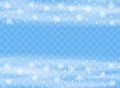 Falling snowflakes flakes on isolated background, Blizzard with wind. Overlay design element. Christmas decoration. Vector. Royalty Free Stock Photo