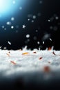 Falling snowflakes on frosty ground with glowing blue background Royalty Free Stock Photo