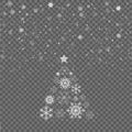 Falling snowflakes on gray background. Christmas fir tree. Merry Christmas holiday celebration. Christmas snow. Snowfall. Winter i Royalty Free Stock Photo