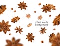 Falling star anise background. Flying star aniseed on a white backdrop. Royalty Free Stock Photo