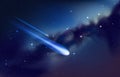 Falling star background. Realistic starry night sky with shooting comet and nebula. Meteor or asteroid with light tails