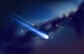 Falling star background. Realistic starry night sky with shooting comet and nebula. Meteor or asteroid with light tails. Galactic Royalty Free Stock Photo