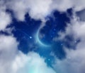 Falling star and new moon, heart shape clouds Royalty Free Stock Photo