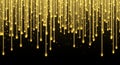 Falling stars, glitter rain, golden star dust, bright yellow sparkles isolated on a dark background. Royalty Free Stock Photo