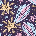 Falling Stars on a purple background. Starry magical night. Hand-drawn seamless pattern Royalty Free Stock Photo