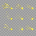 Falling stars vector set. Shooting stars on transparent checkered. Icons of meteorites and comets. Falling
