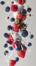 Falling strawberries and blueberries in milk splash on a white background Royalty Free Stock Photo