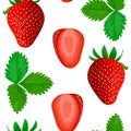 Falling strawberry seamless vector pattern. Ripe fruits whole and halves, leaves, isolated clipping path Royalty Free Stock Photo