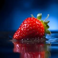 Falling strawberry with water drops isolated on blue background Royalty Free Stock Photo