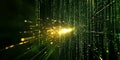 Falling symbols cascade in a vibrant green digital matrix, intertwined with holographic effects that create a dynamic