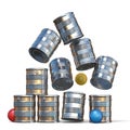 Falling tin cans and three balls 3D Royalty Free Stock Photo