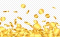 Falling from the top a lot of gold coins on transparent background. Vector illustration