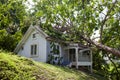 Falling tree after hard storm on damage house Royalty Free Stock Photo