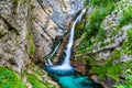 Falling water of Savica Waterfall in the Bohinj Lake area in the Triglav National Park, Julian Alps, Slovenia