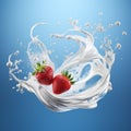 Falling white cream milk yogurt with two strawberries falling on a blue background Royalty Free Stock Photo