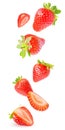 Falling whole and halved strawberries isolated on white background