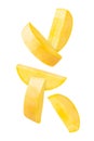 Falling Yellow Mango slices isolated on white background with clipping path, full depth of field.