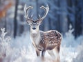 Fallow Deer Buck. Majestic powerful Fallow Deer Dama dama in winter forest Belarus. Wildlife scene from nature Europe