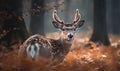 Fallow deer Dama dama captured in golden hour of a misty dewy forest clearing highlighting deers delicate features & majestic Royalty Free Stock Photo