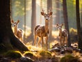 A of fallow deer, with doe, fawn and buck in a forest in Sweden