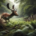 Fallow deer runs through green English countryside