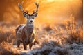 Fallow deer lat. Dama Dama in winter sunrise, Fallow deerstag during rutting season at sunrise in winter, AI Generated