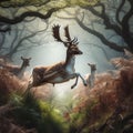 Fallow deer runs through green English countryside