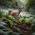 Fallow deer runs through green English countryside