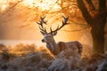 Fallow deer stag during rutting season at sunrise in autumn, UK, A Fallow deer stag during rutting season at sunrise in winter, AI Royalty Free Stock Photo