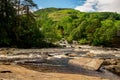 Falls of Dochart and mountain background landscape at town of Killin, central Scotland Royalty Free Stock Photo