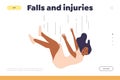 Falls and injuries concept for landing page template with young woman tumbling down from height Royalty Free Stock Photo