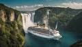 falls in the morning cruise ship with a waterfall of steam, with a landscape of metal ships and gears, with Royalty Free Stock Photo