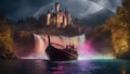 falls in the night A rainbow boat plunging into a waterfall of blood, with a haunted castle over looking it