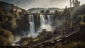 falls at night Steam punk Beusnita Waterfall with a landscape of metal pipes and gears,