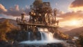 falls at night Steam punk waterfall of steam, with a landscape of metal trees and gears,