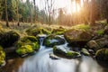 Falls on the small mountain river in a wood Royalty Free Stock Photo