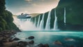 falls in the summer Fantasy cruise ship with a waterfall of magic, with a landscape of enchanted islands Royalty Free Stock Photo