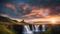 falls at sunset Fantasy sunrise on a waterfall of stars, with a landscape of floating islands and clouds,