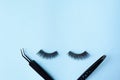 False eye lashes with two black tweezers on blue background with copy space
