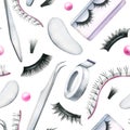 False eyelashes for extensions, tweezers, women's eyes, patches and flowers. Hand drawn watercolor illustration