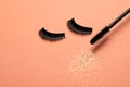 False eyelashes and mascara on orange background Royalty Free Stock Photo