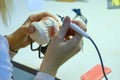 False jaw in the hands of a female dentist doctor. Prosthetists are working on the creation of artificial teeth