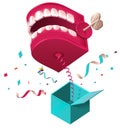 False jaw surprise for April 1 fools day. Raffle prank jumps out of box on spring